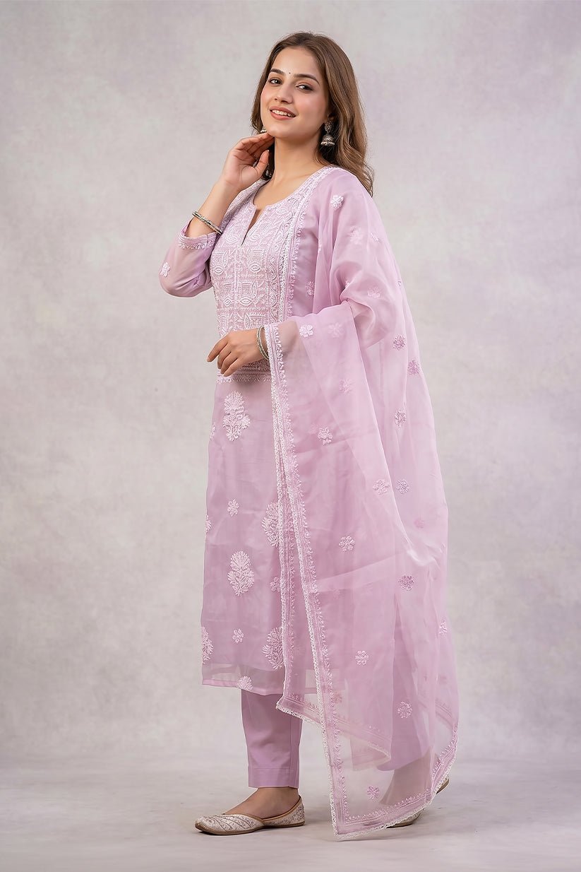 Lavender Organza Chikankari Embroidered Kurta with Dupatta - The House of Indu