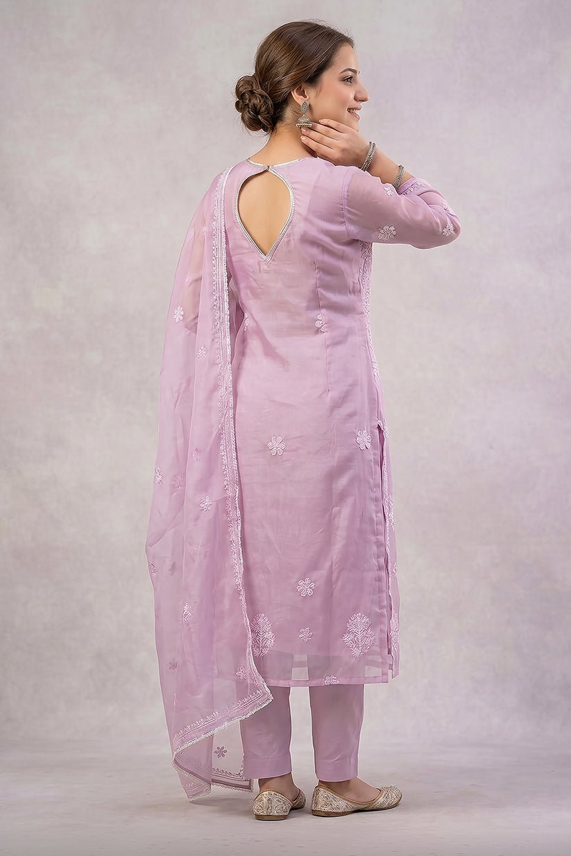 Lavender Organza Chikankari Embroidered Kurta with Dupatta - The House of Indu