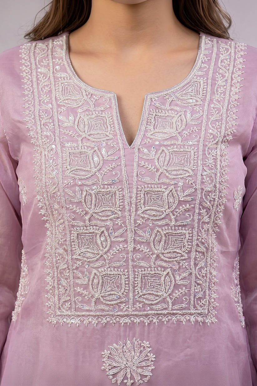 Lavender Organza Chikankari Embroidered Kurta with Dupatta - The House of Indu