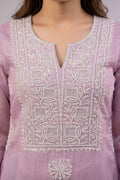 Lavender Organza Chikankari Embroidered Kurta with Dupatta - The House of Indu