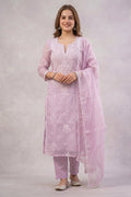 Lavender Organza Chikankari Embroidered Kurta with Dupatta - The House of Indu