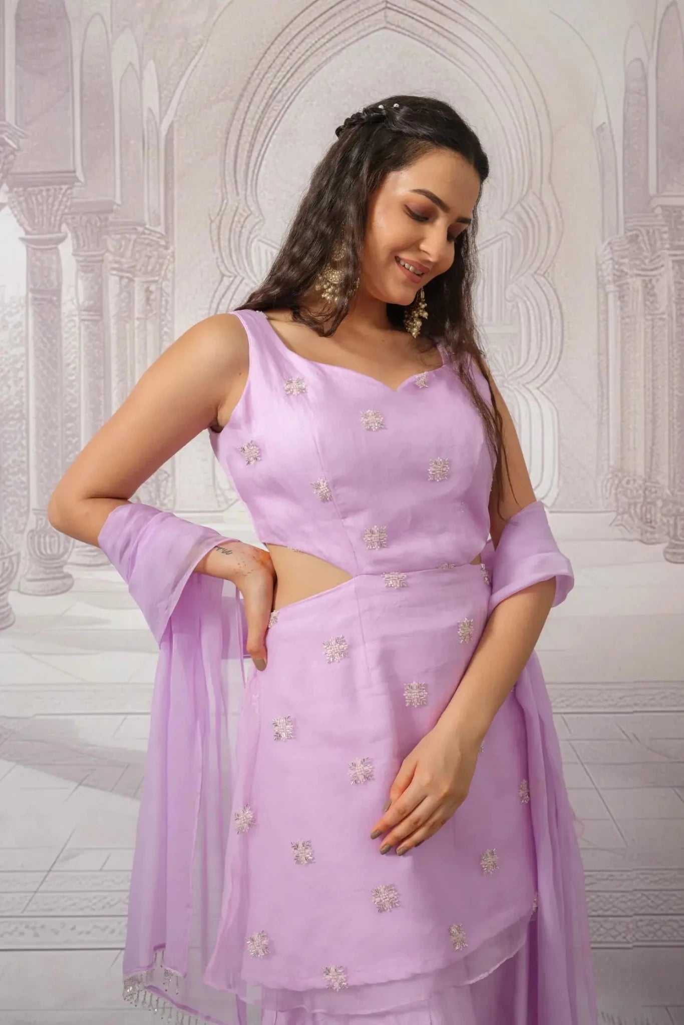 Lavender Premium Organza Ethnic Set for Women - The House of Indu