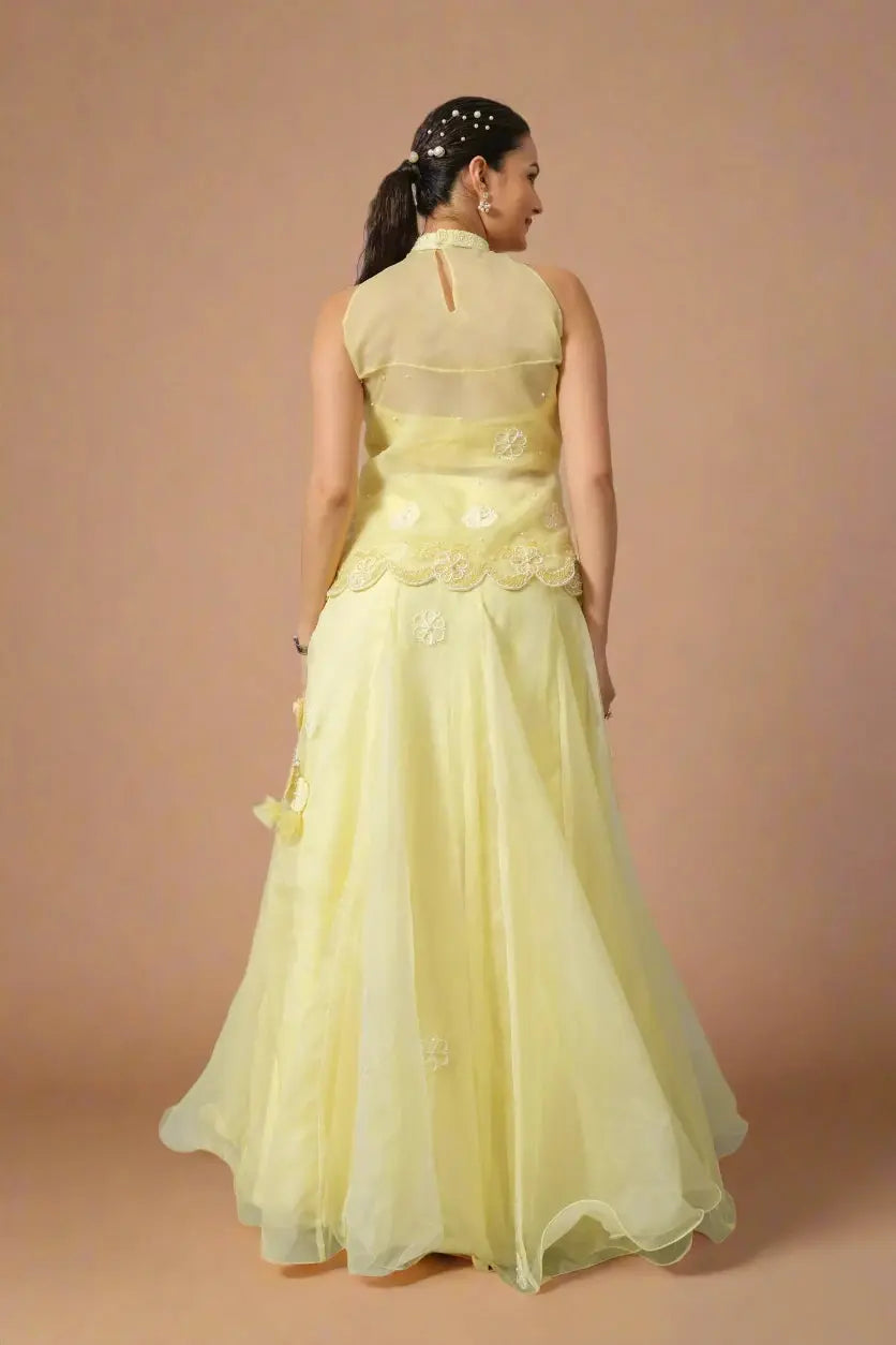 Back view of lemon yellow embroidered top and skirt set
