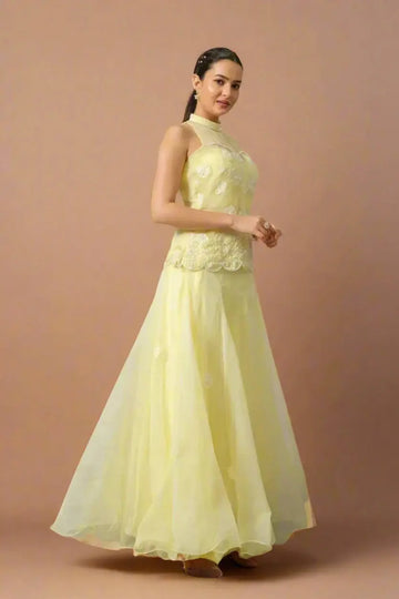 Women lemon yellow organza skirt and embroidered top set front view