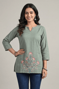 Light Olive Green Cotton Short Kurti for Women - The House of Indu
