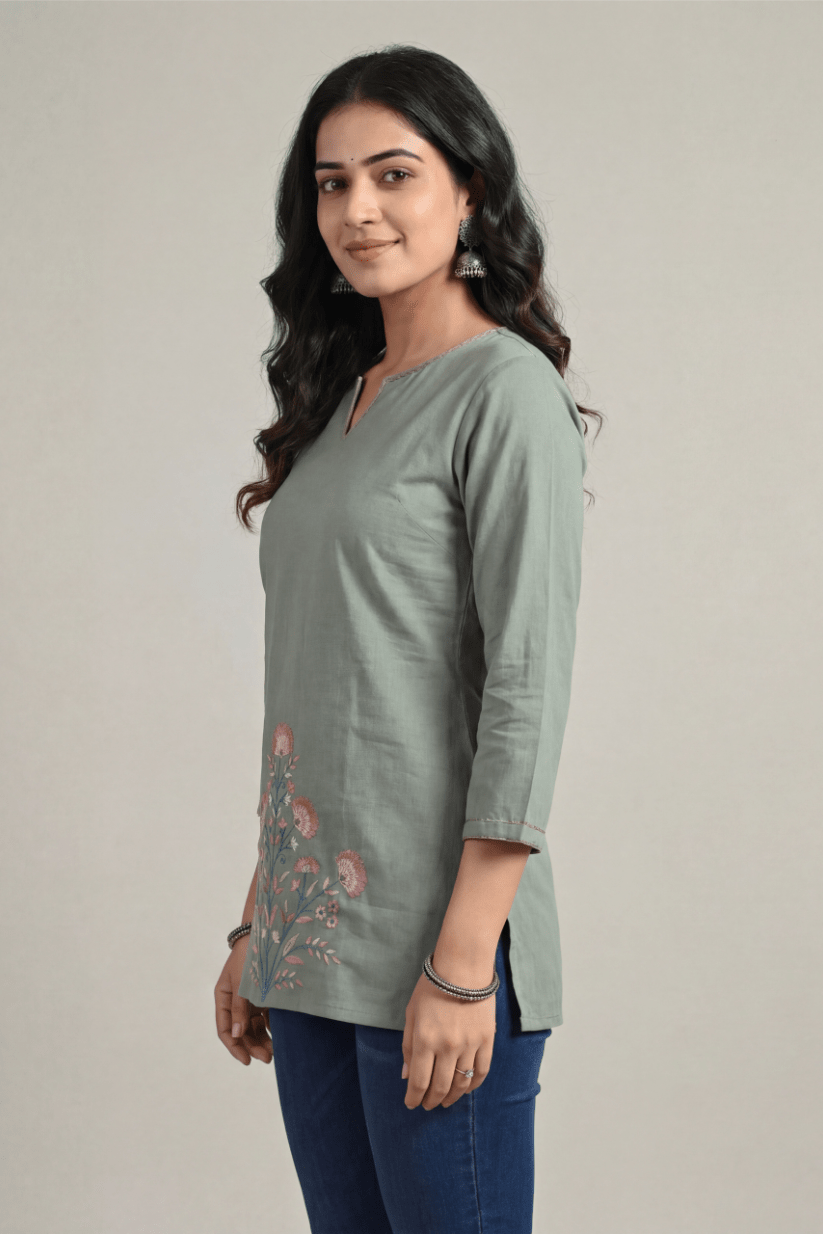 Light Olive Green Cotton Short Kurti for Women - The House of Indu