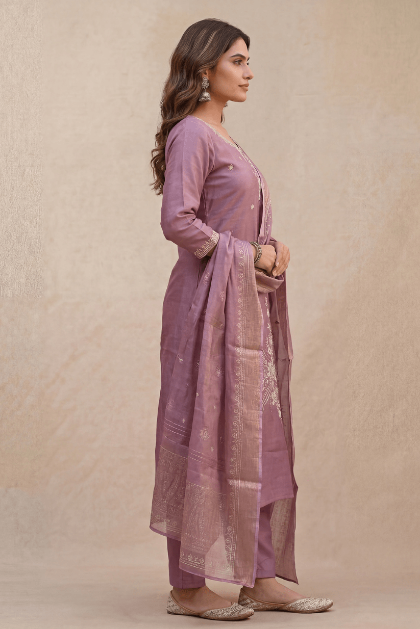 Light Purple Embroidered Kurta Set with Dupatta for Women - The House of Indu