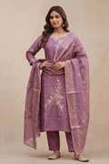 Light Purple Embroidered Kurta Set with Dupatta for Women - The House of Indu