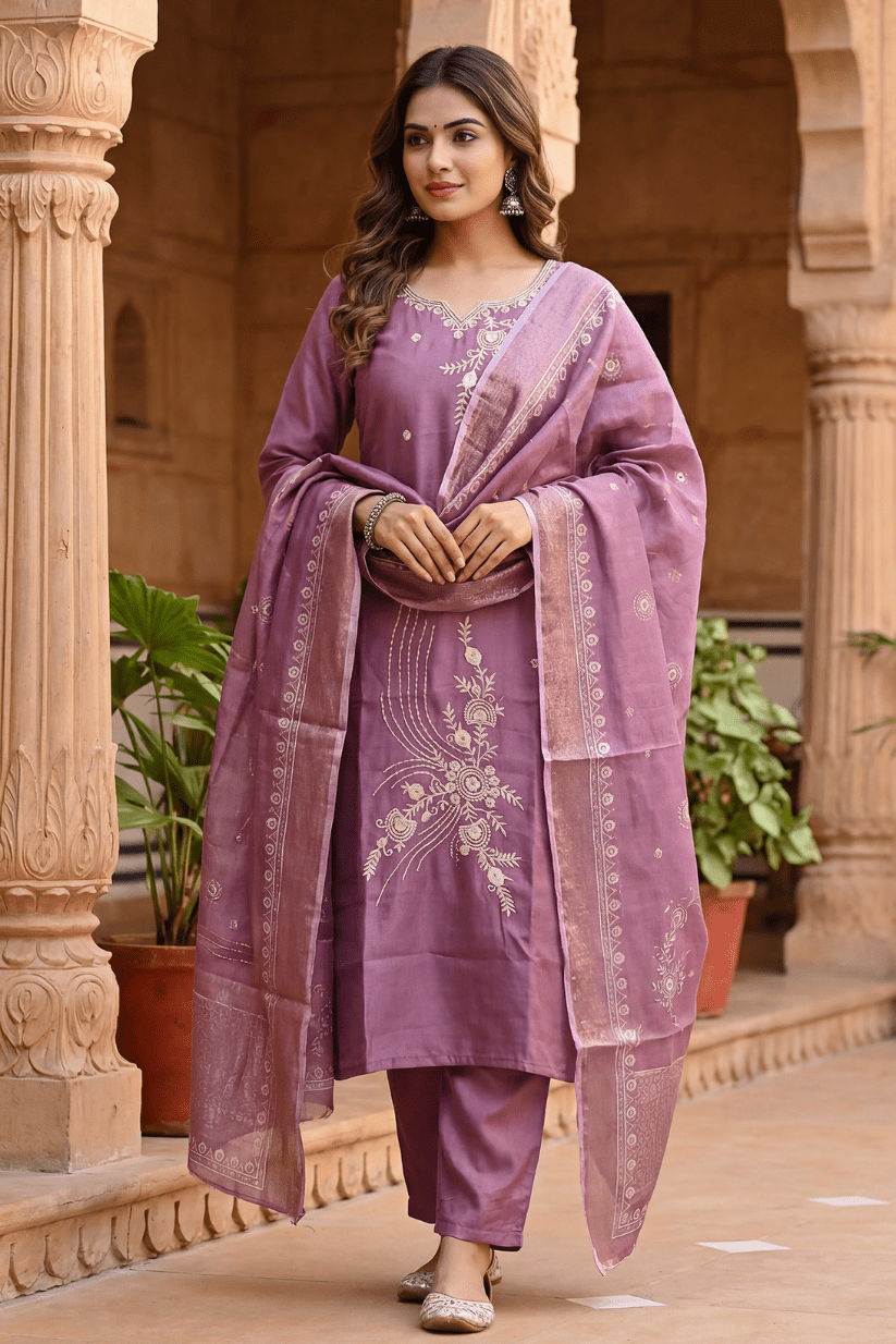 Light Purple Embroidered Kurta Set with Dupatta for Women - The House of Indu