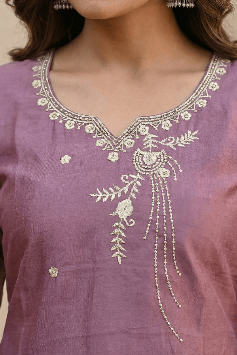 Light Purple Embroidered Kurta Set with Dupatta for Women - The House of Indu