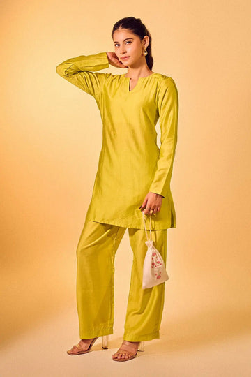 Lime Green Chanderi Kurta Set for Women with Straight Pants - The House of Indu