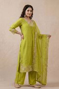 Lime Green Embroidered Kurta Set with Dupatta - The House of Indu