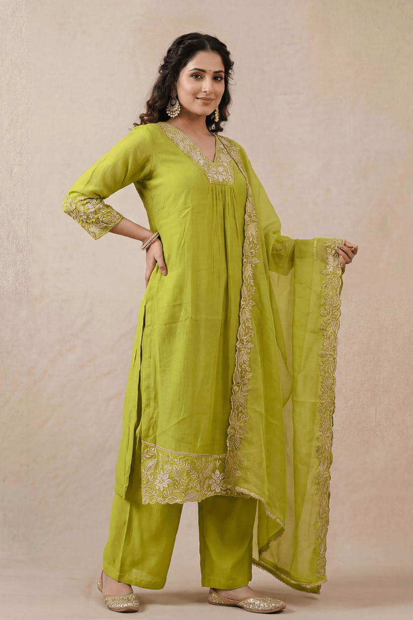 Lime Green Embroidered Kurta Set with Dupatta - The House of Indu