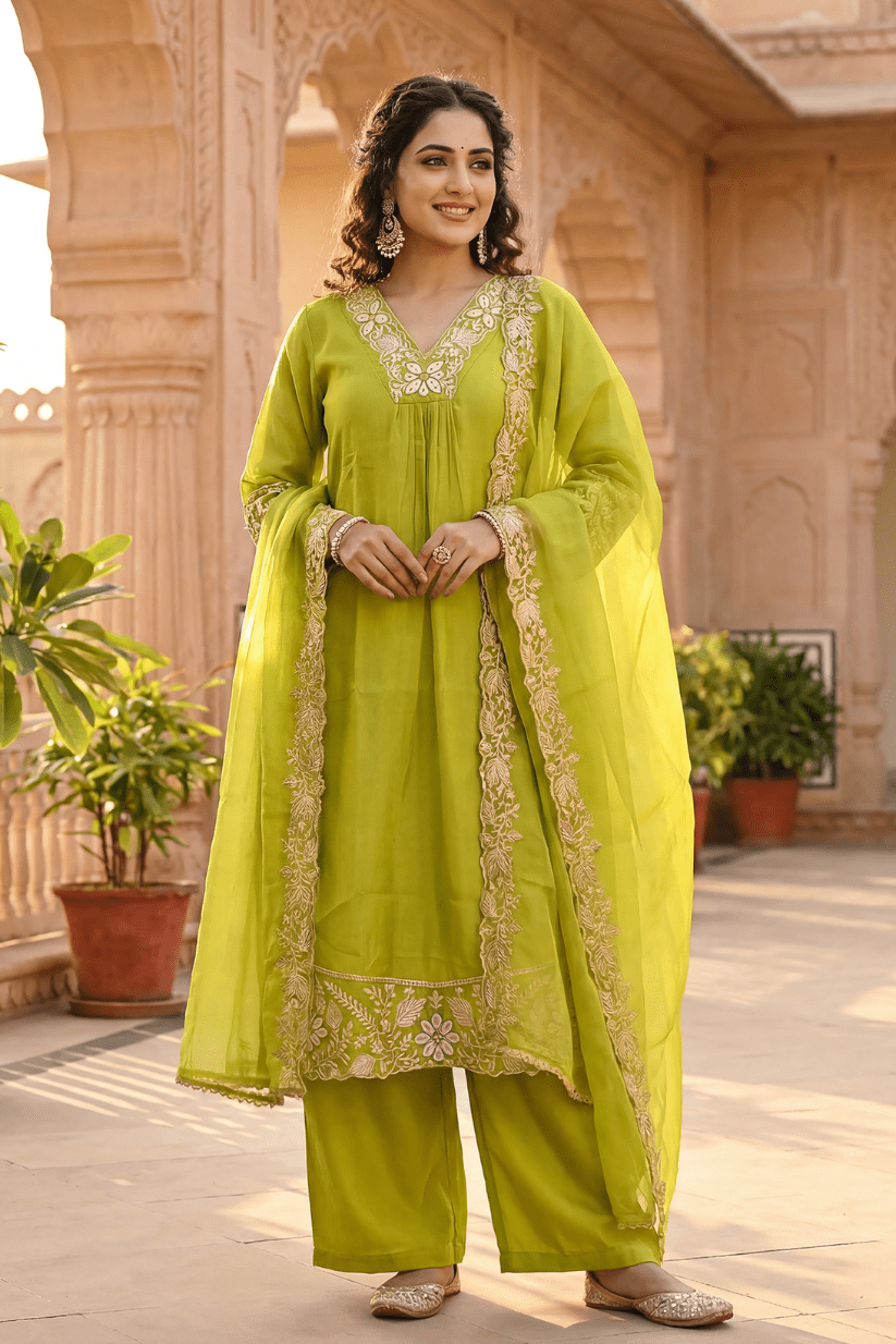 Lime Green Embroidered Kurta Set with Dupatta - The House of Indu