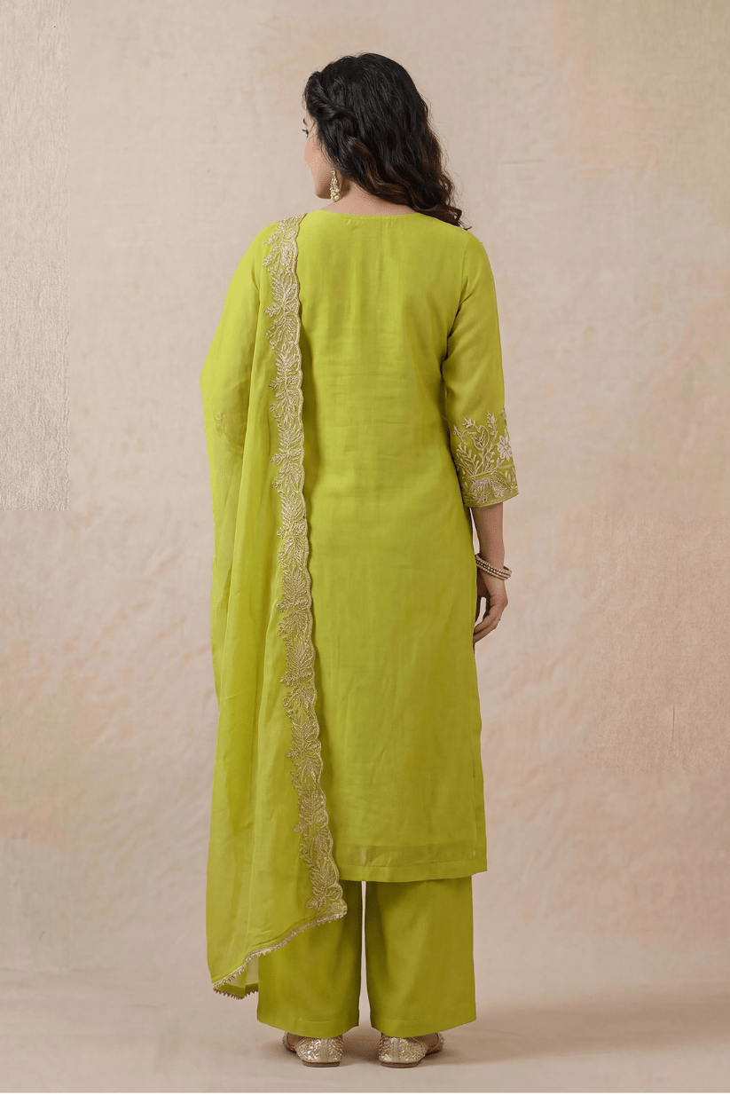 Lime Green Embroidered Kurta Set with Dupatta - The House of Indu