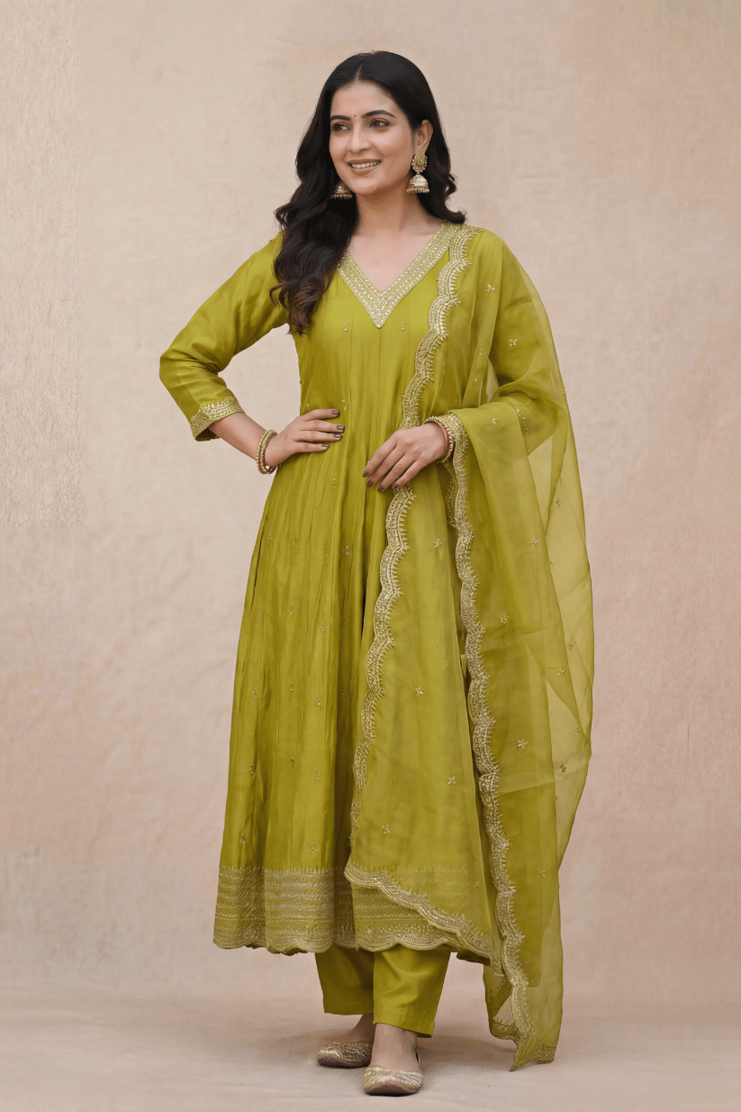 Lime Green Kurta Set with Dupatta for Women - The House of Indu