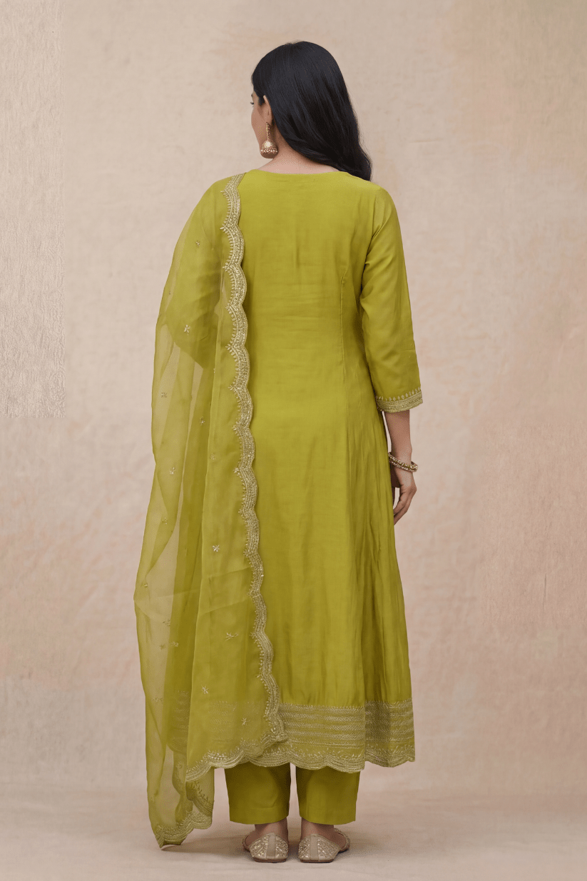 Lime Green Kurta Set with Dupatta for Women - The House of Indu
