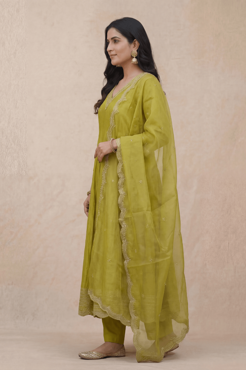Lime Green Kurta Set with Dupatta for Women - The House of Indu