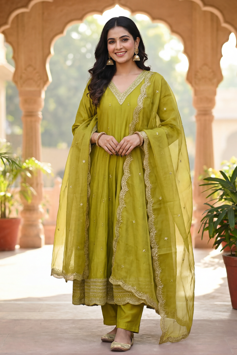 Lime green embroidered kurta set with dupatta for women