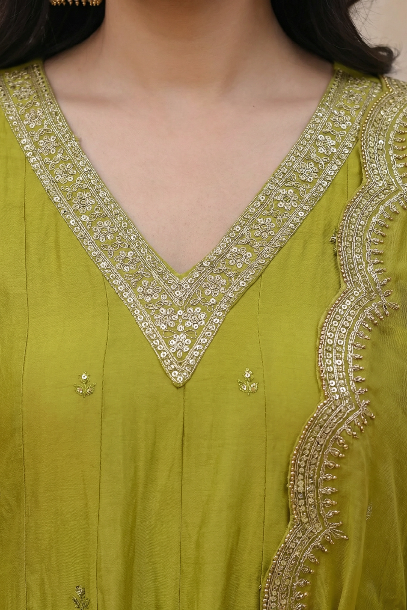 Lime green embroidered kurta set with dupatta for women