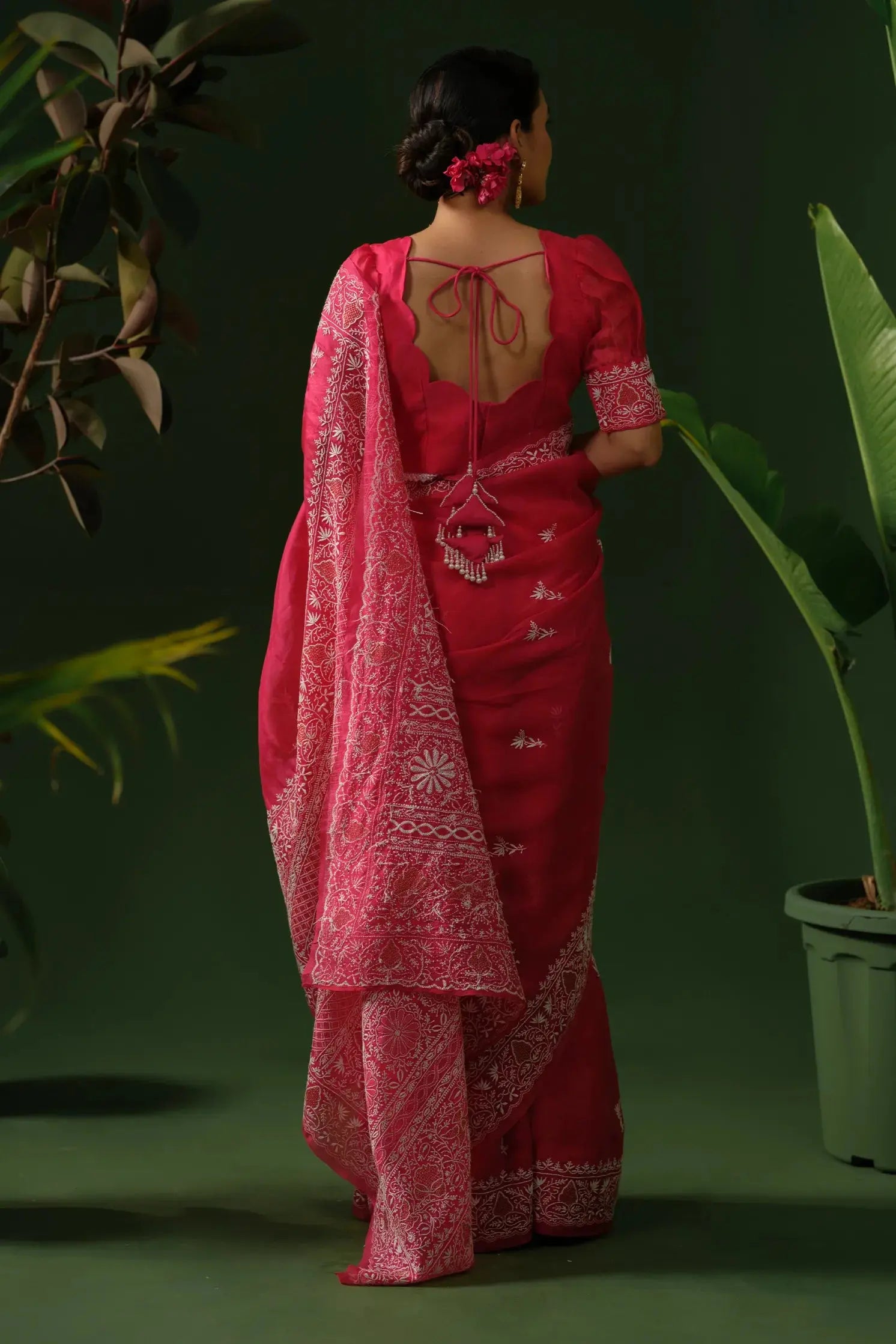 Luxury rani pink organza saree with ready blouse online