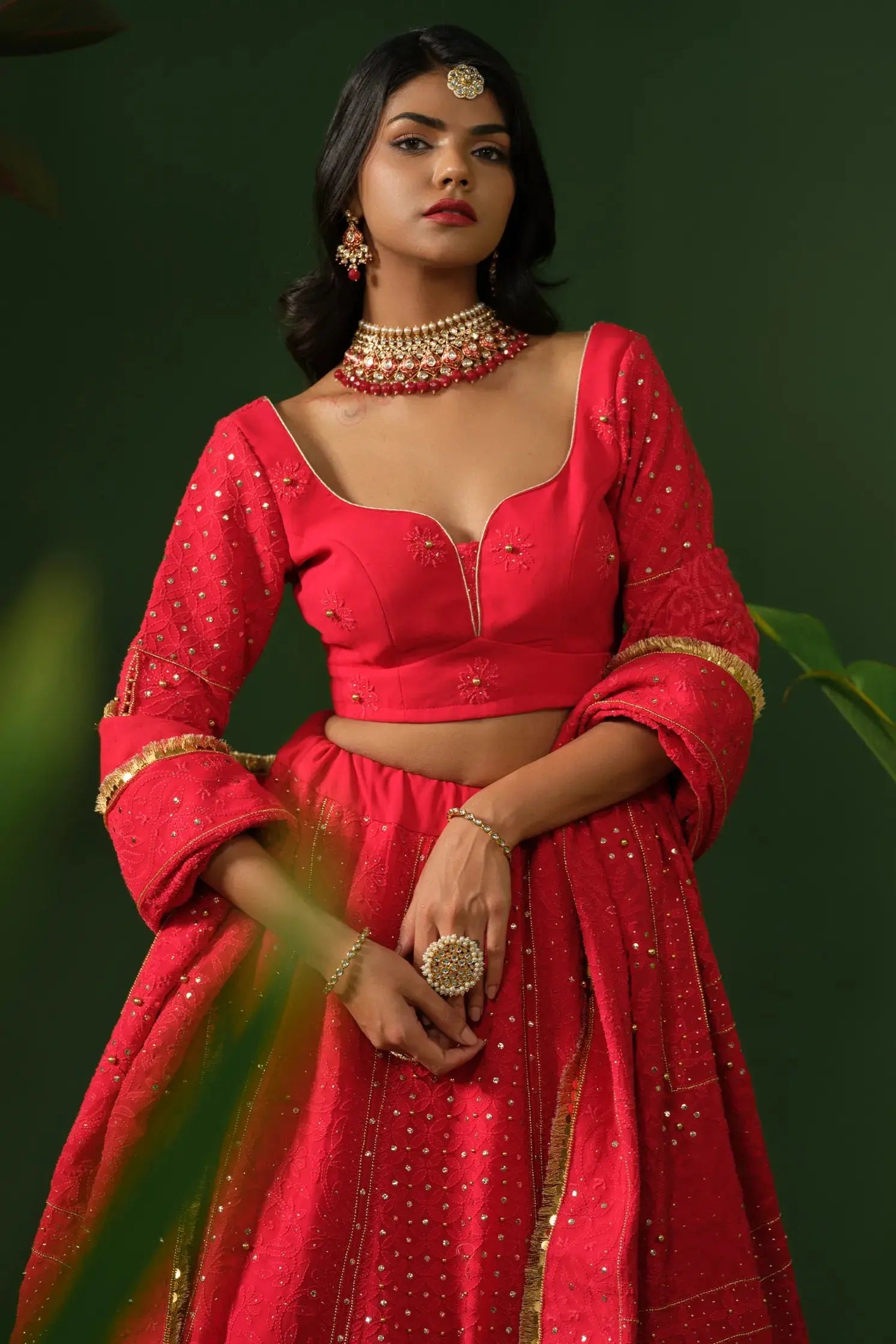 Luxury red ethnic lehenga with chikankari embroidery online