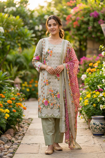 Pista Green Floral Printed Cotton Suit Set for Women