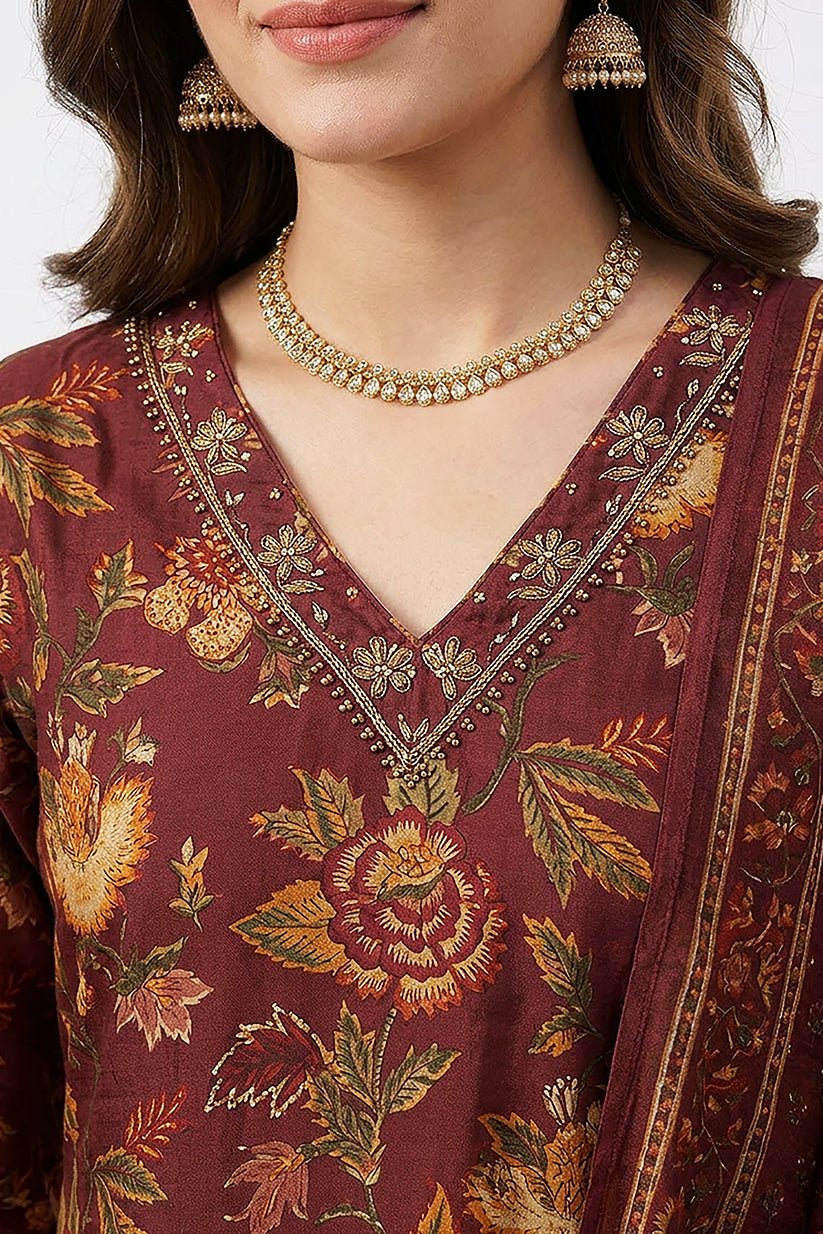 Maroon Floral Print Kurta Pant Dupatta Set for Women - The House of Indu