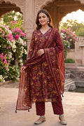 Maroon Floral Print Kurta Pant Dupatta Set for Women - The House of Indu
