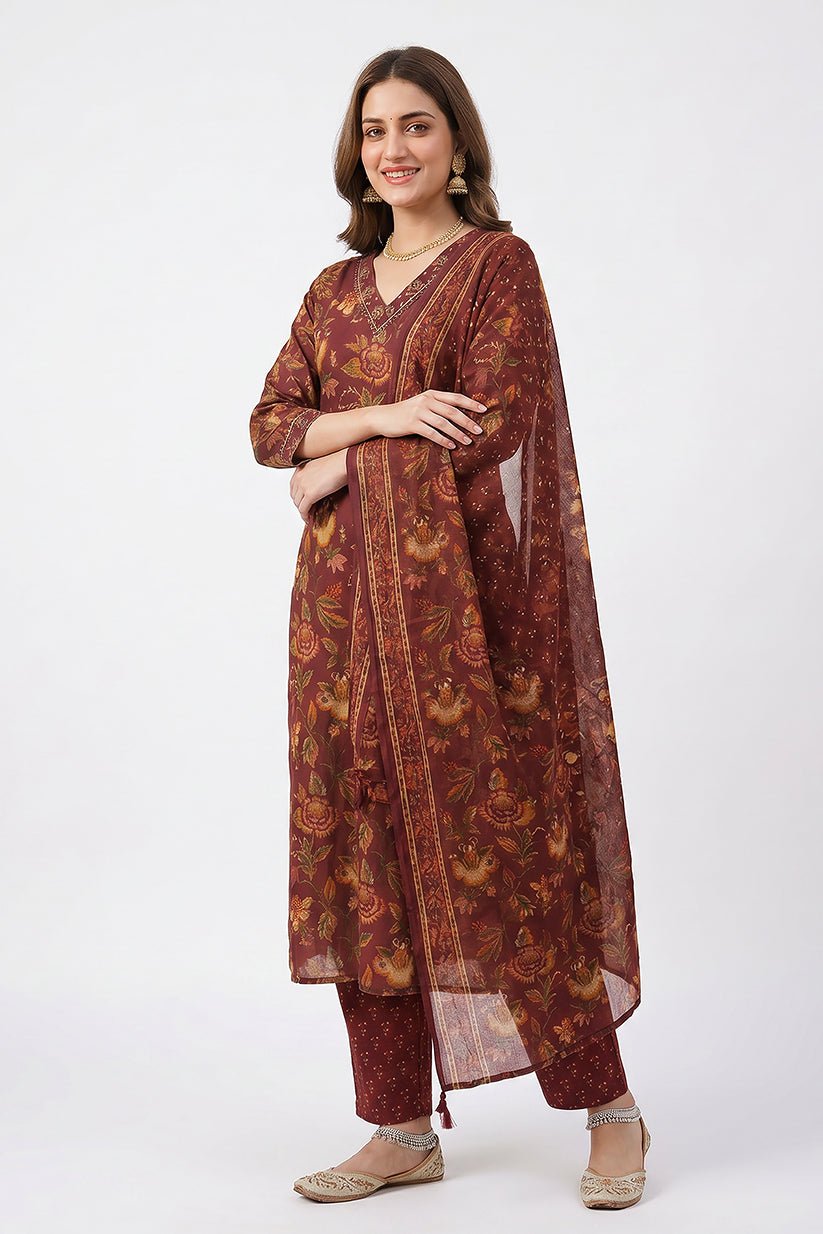 Maroon Floral Print Kurta Pant Dupatta Set for Women - The House of Indu