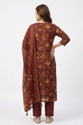 Maroon Floral Print Kurta Pant Dupatta Set for Women - The House of Indu