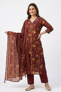 Maroon Floral Print Kurta Pant Dupatta Set for Women - The House of Indu