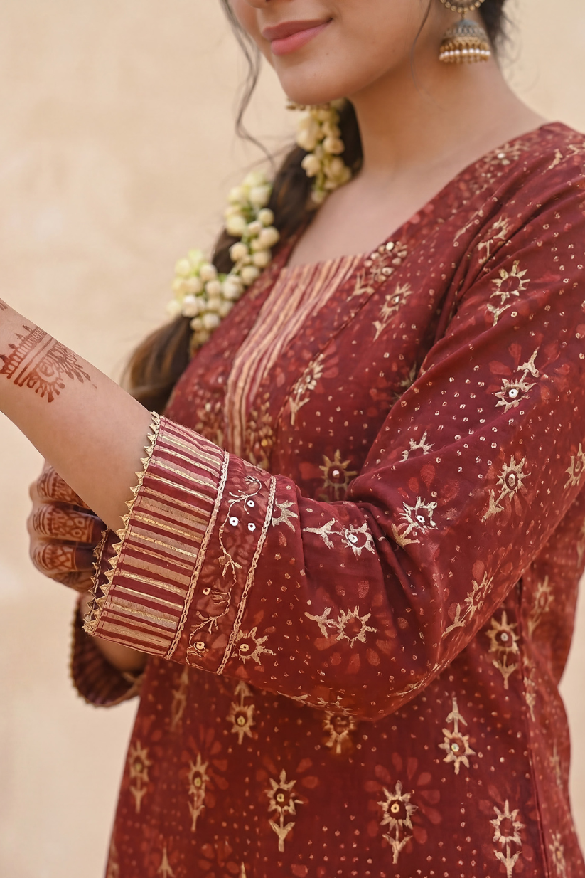 Close up of maroon printed kurta with ethnic neckline and sleeve detailing for women