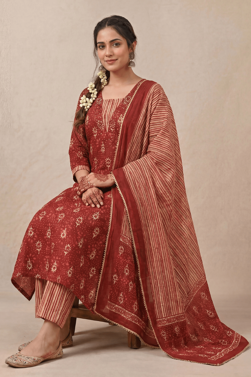 Maroon Printed Kurta Pant Set with Dupatta for Women Ethnic Wear - The House of Indu