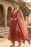 Maroon Printed Kurta Pant Set with Dupatta for Women Ethnic Wear - The House of Indu