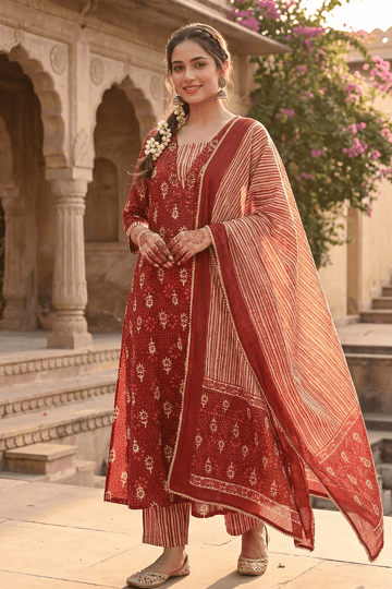 Maroon Printed Kurta Pant Set with Dupatta for Women Ethnic Wear - The House of Indu