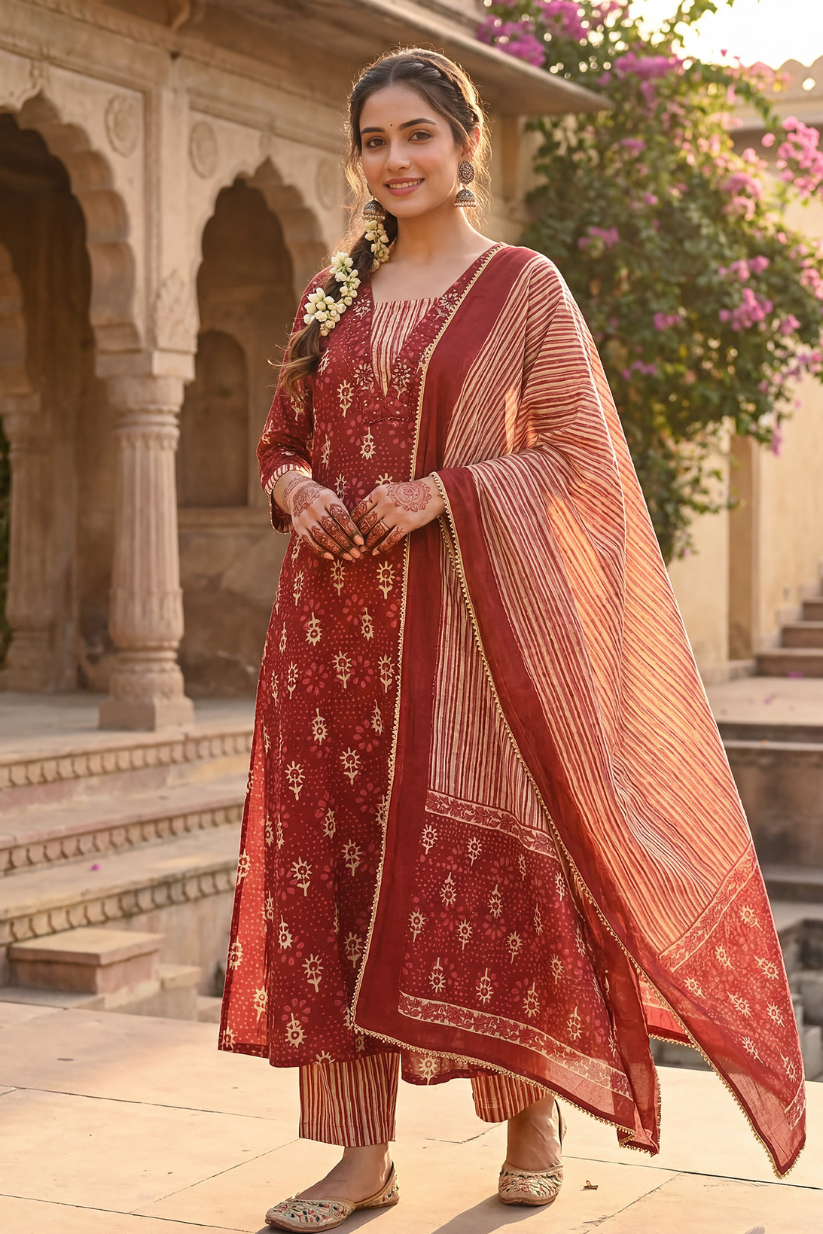 Woman wearing maroon printed kurta pant set with dupatta for festive and ethnic wear