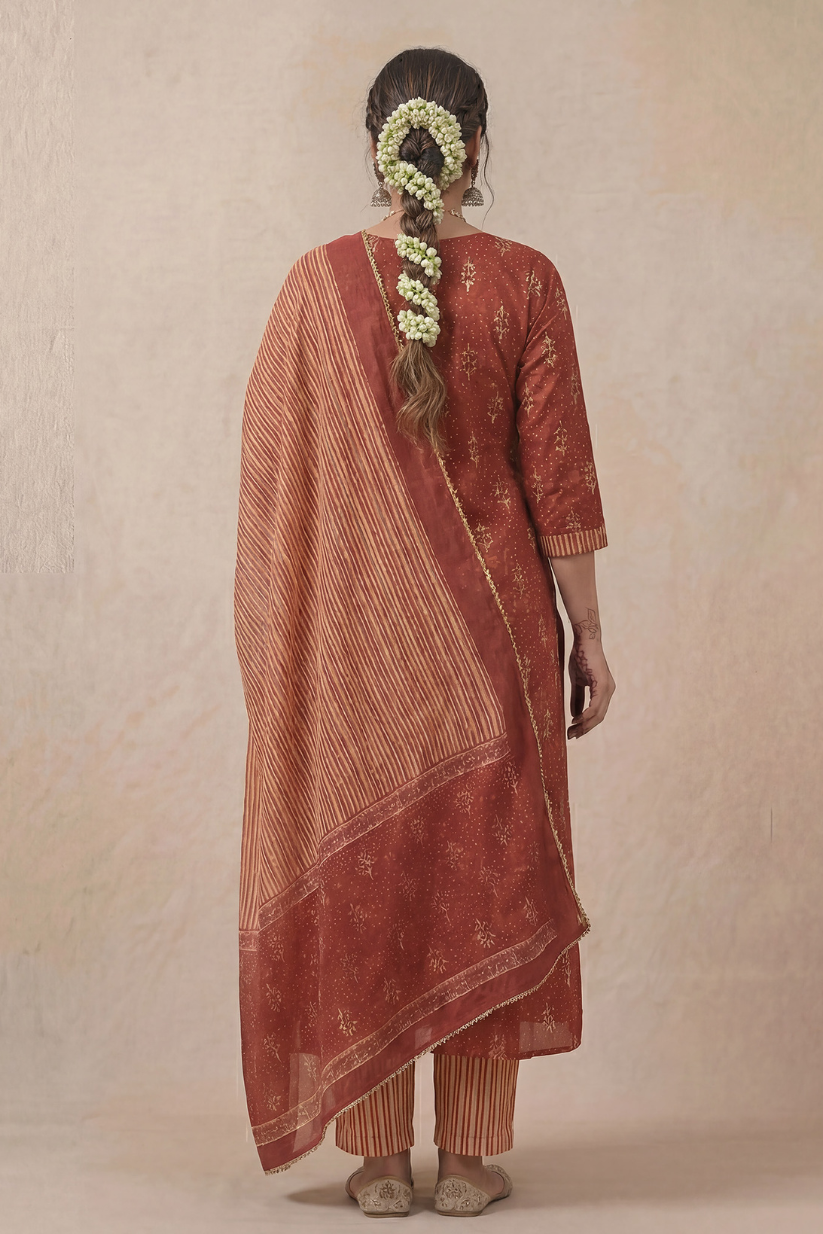 Back view of maroon printed kurta pant set with dupatta for women ethnic wear