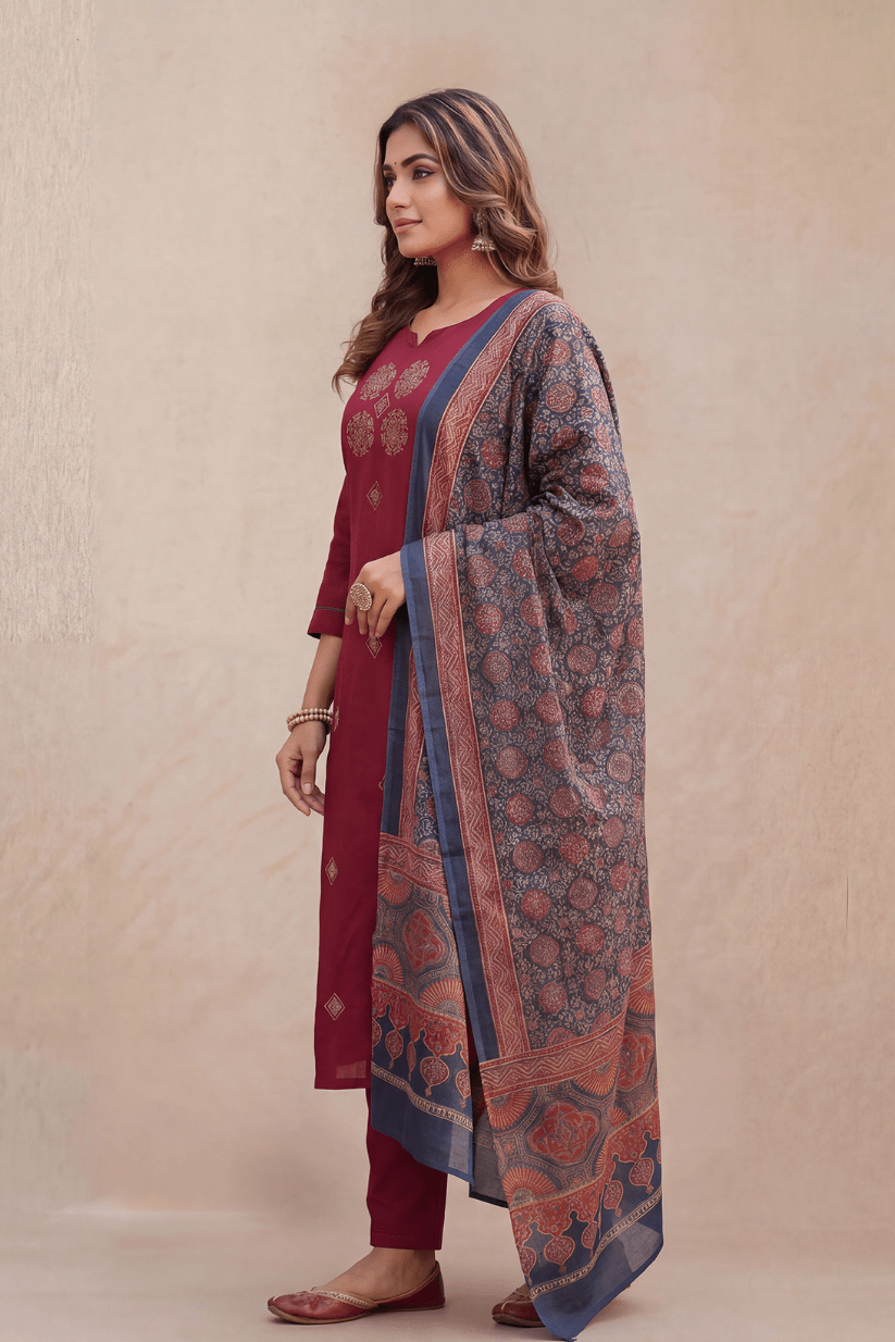 Maroon Printed Kurta Set with Dupatta for Women - The House of Indu