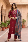Maroon Printed Kurta Set with Dupatta for Women - The House of Indu
