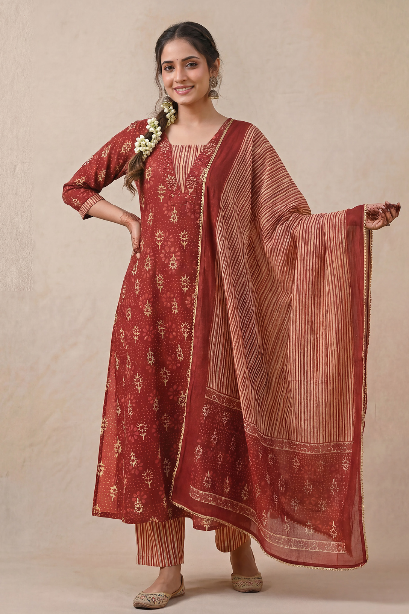 Woman wearing maroon printed kurta pant set with striped dupatta for festive ethnic wear