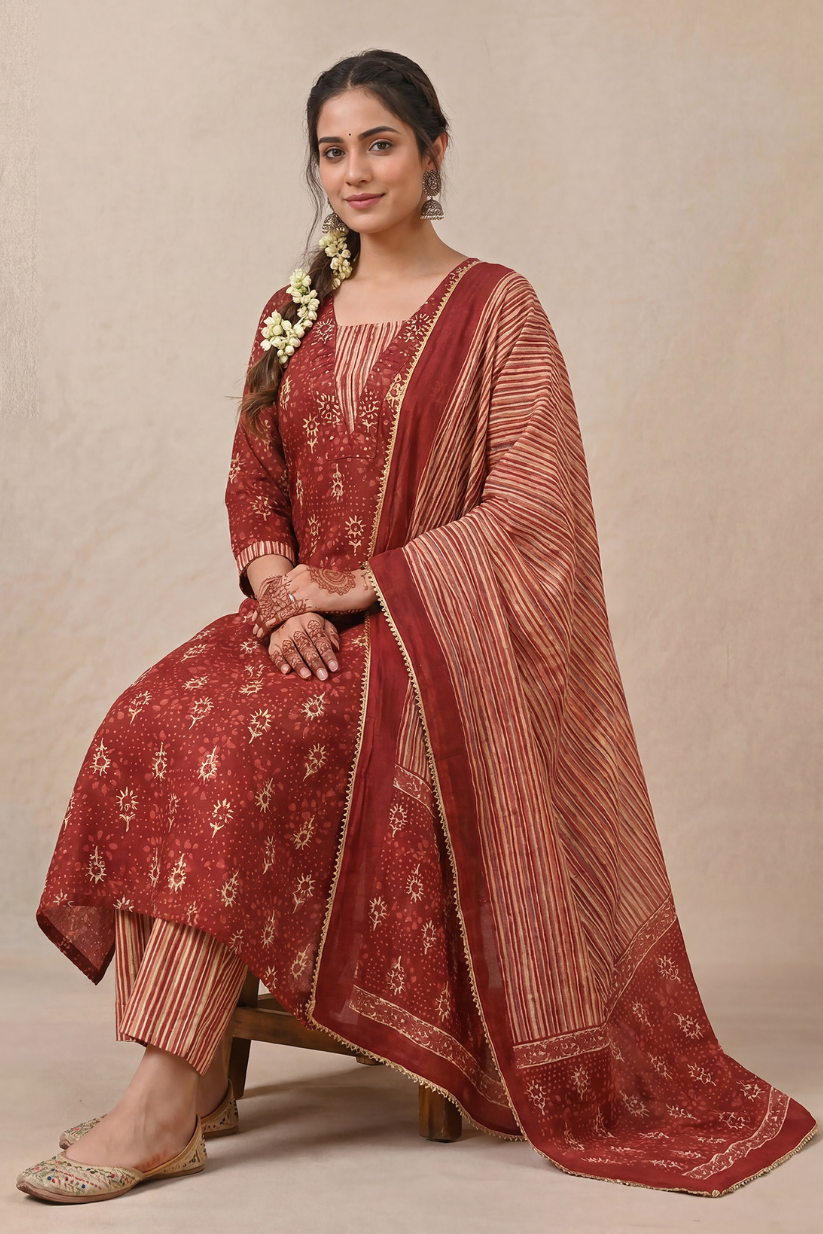 Woman wearing maroon printed kurta pant set with dupatta in festive ethnic style