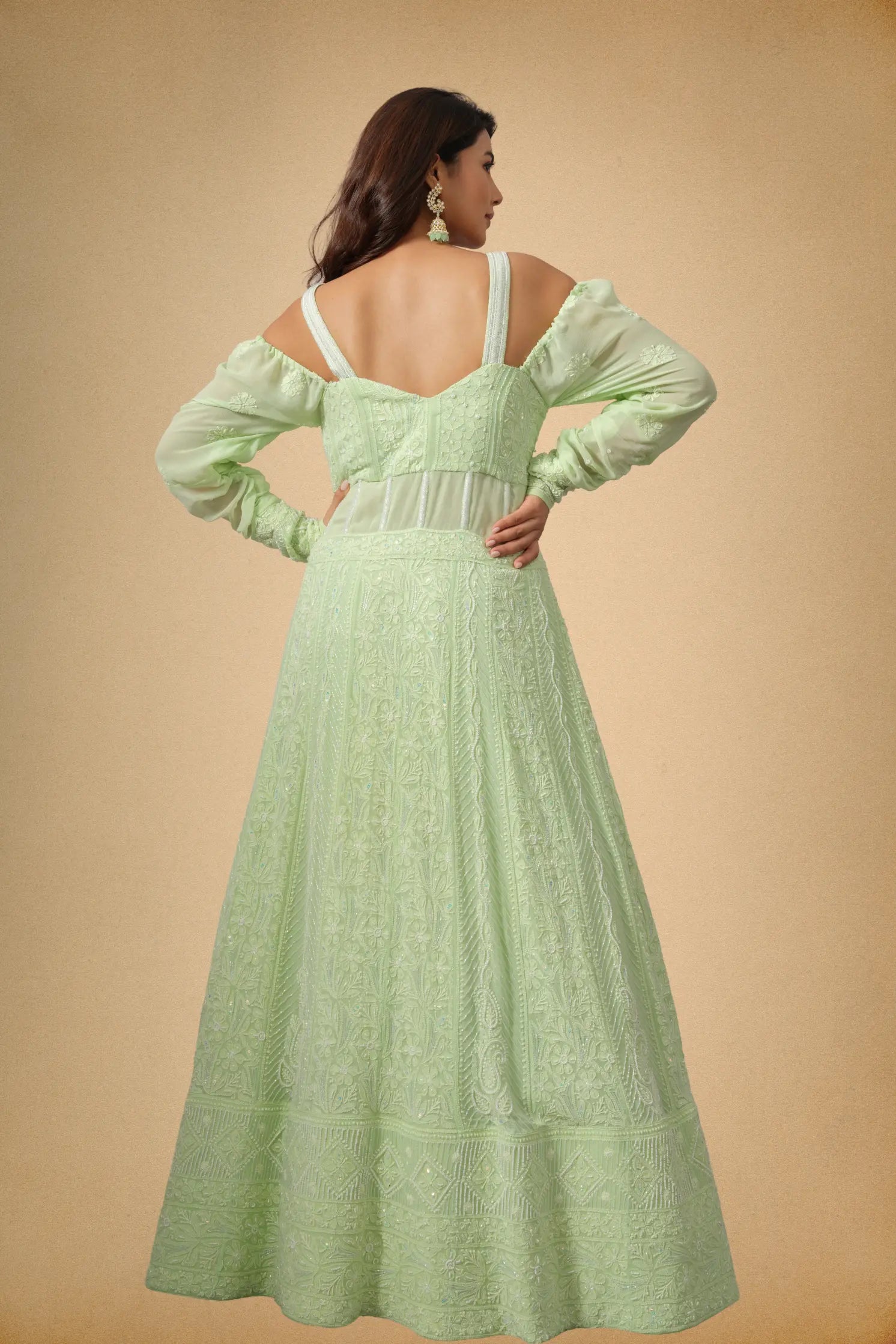 Back view of women mint green embellished Anarkali dress