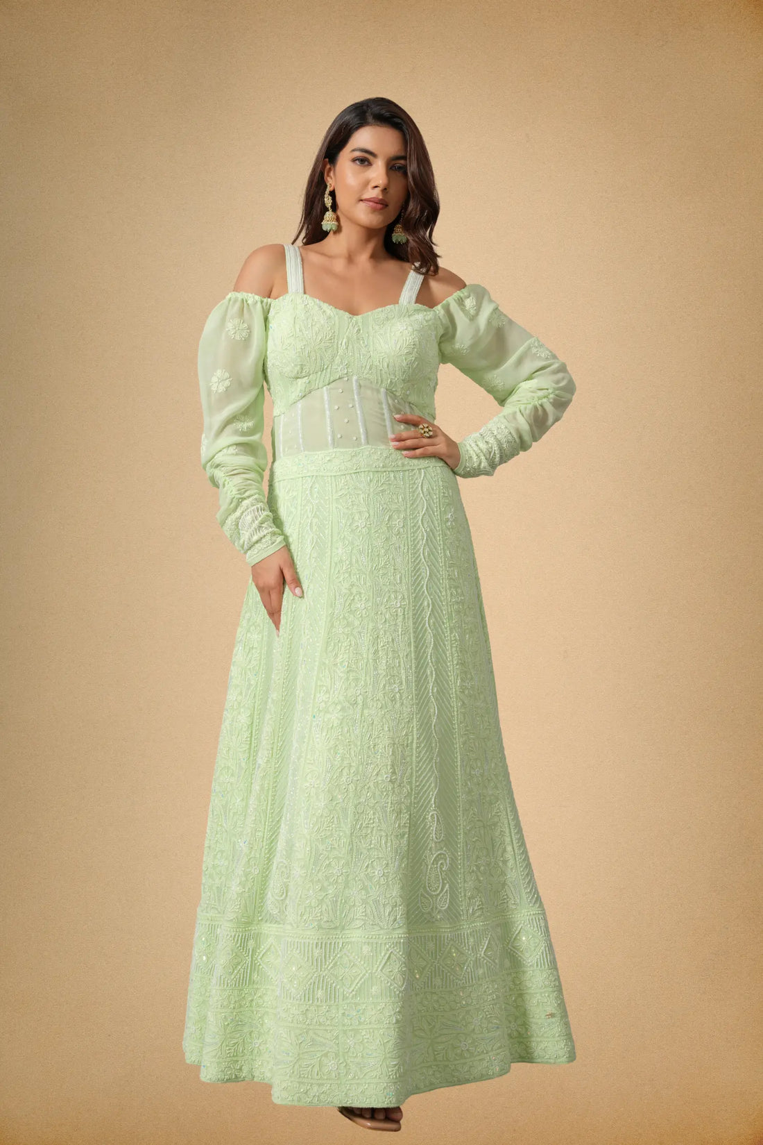 Women mint green embellished Anarkali dress front view