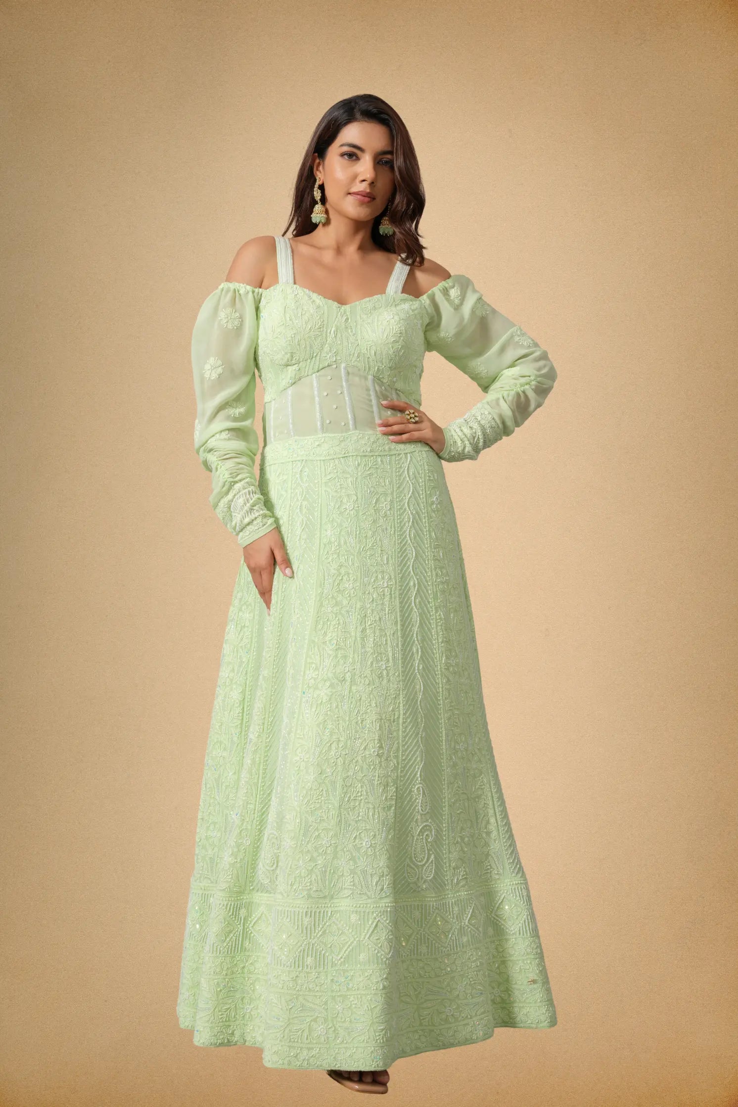 Full look of mint green embellished Anarkali dress for women