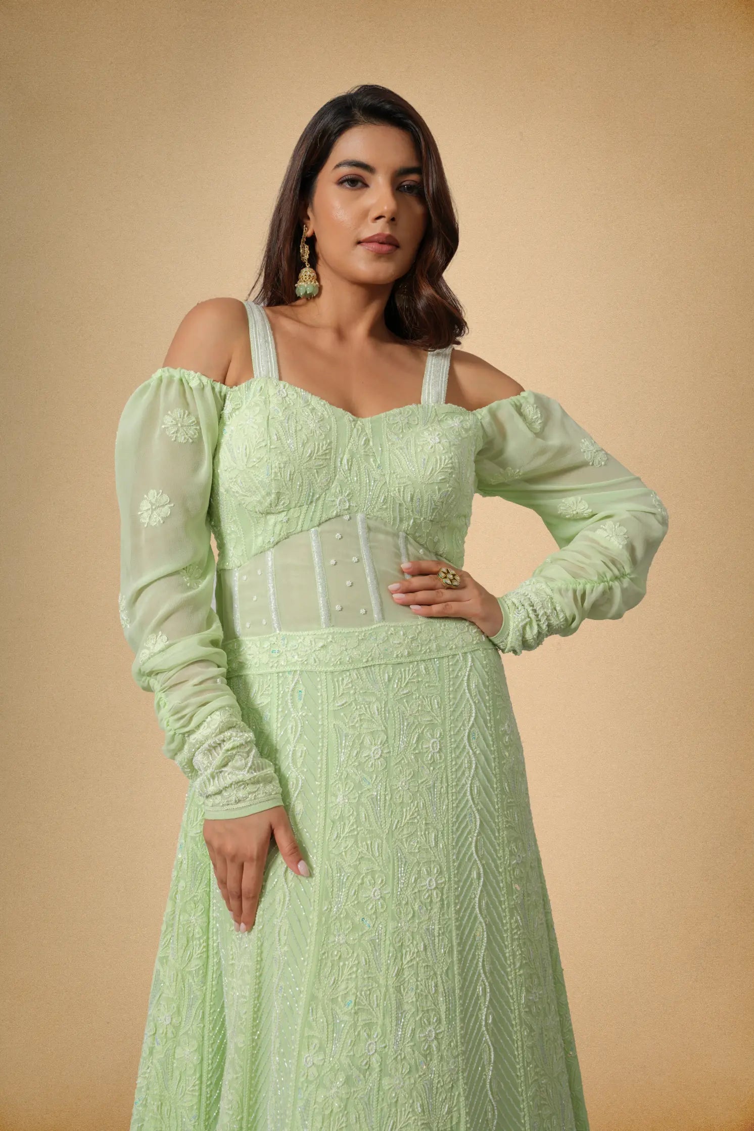 Side look of mint green festive Anarkali dress for women