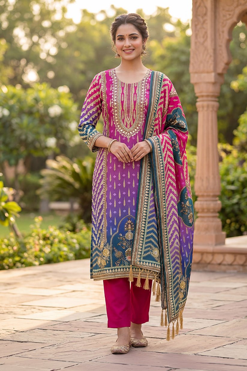Multi-Color Printed Straight Kurta Pant Set with Dupatta for Women - The House of Indu