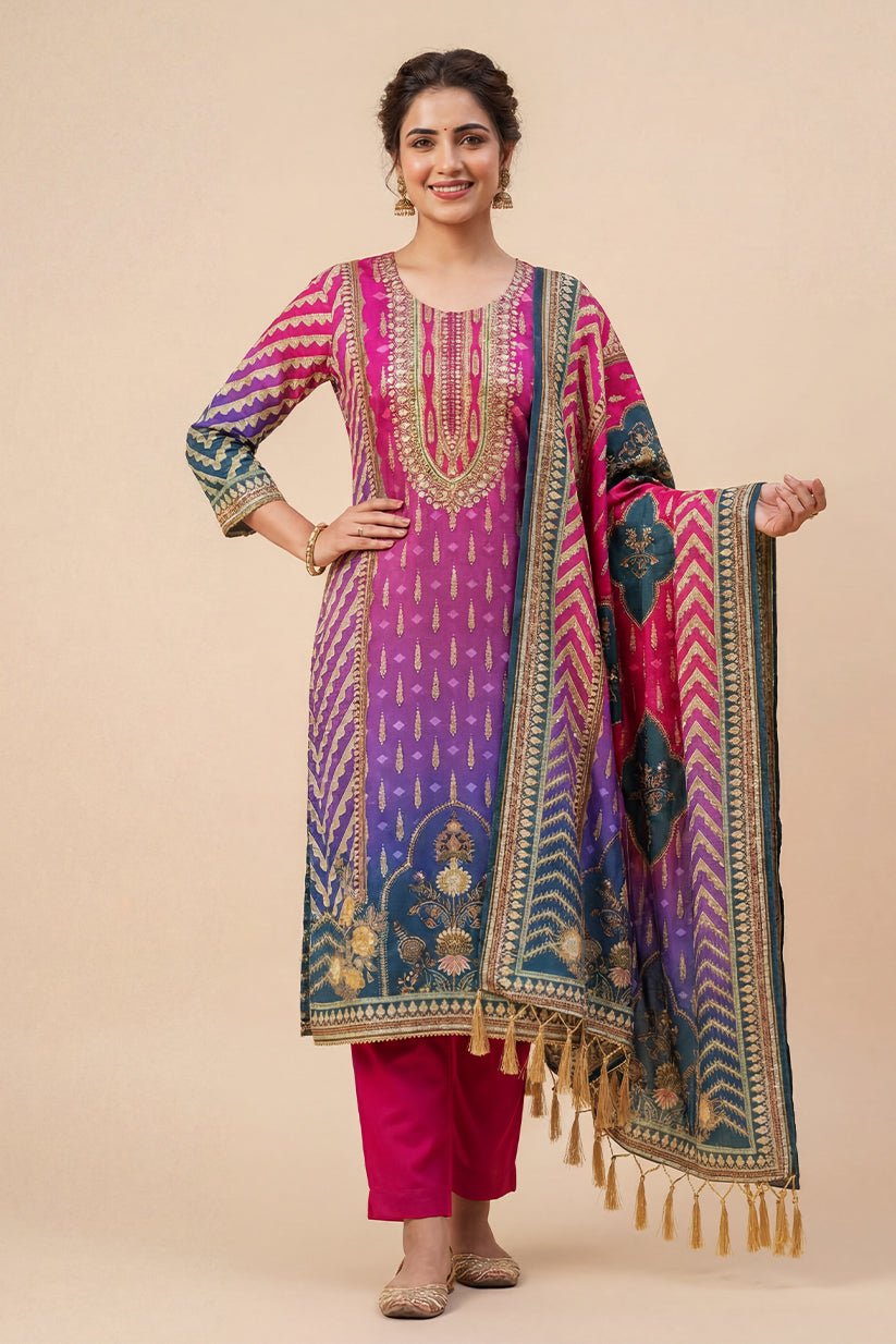 Multi-Color Printed Straight Kurta Pant Set with Dupatta for Women - The House of Indu
