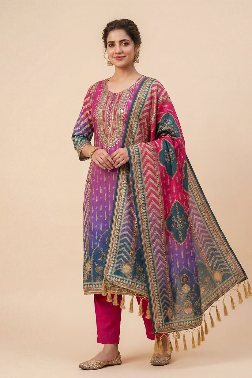 Multi-Color Printed Straight Kurta Pant Set with Dupatta for Women - The House of Indu