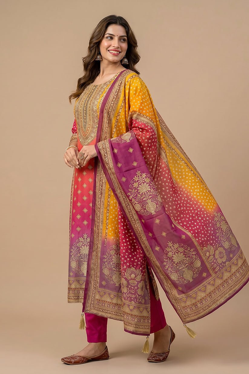 Multi-Color Printed Straight Kurta Set with Dupatta for Women - The House of Indu